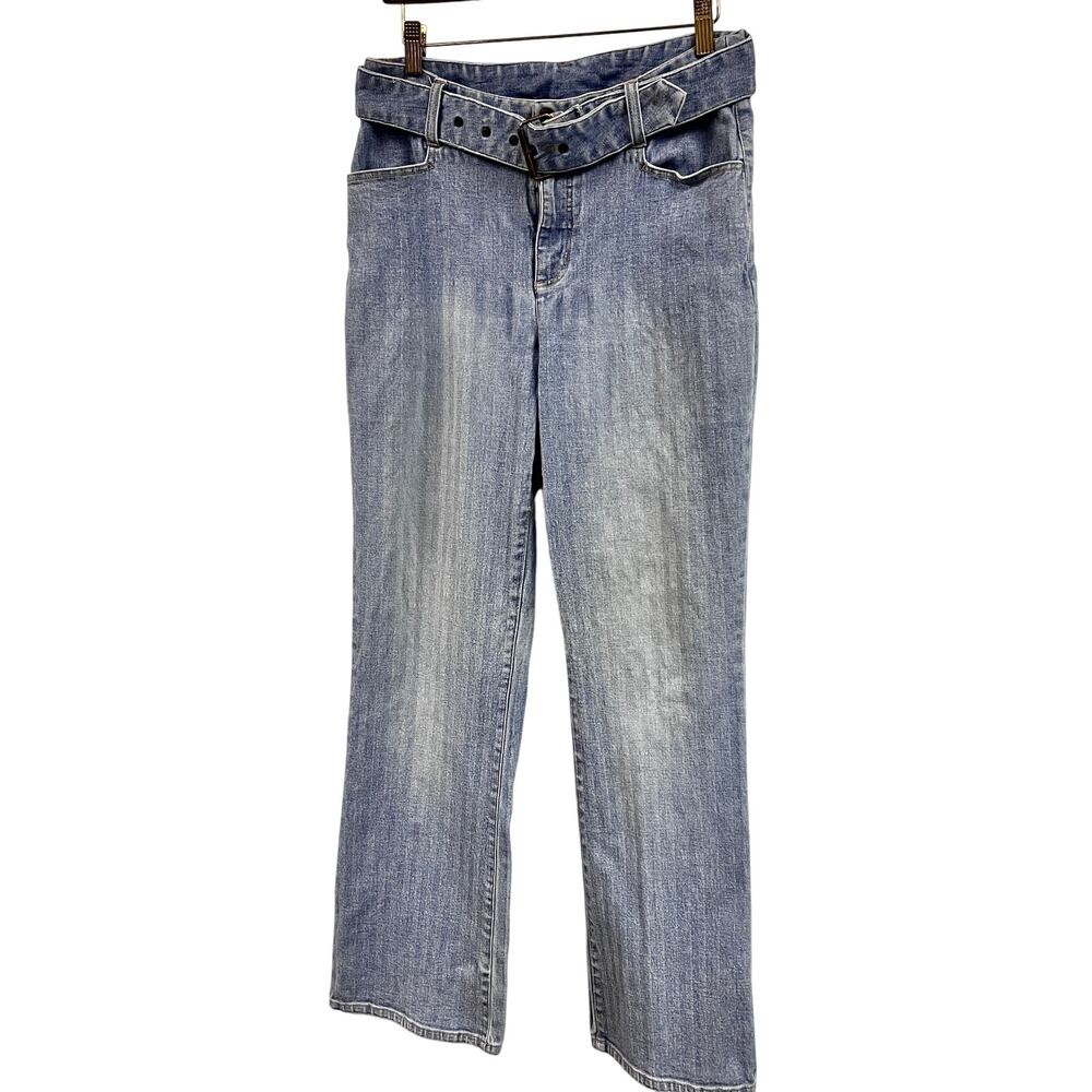 Women's sz10 Vintage 2000's belted flare pinstripe faded stonewash jeans stretch